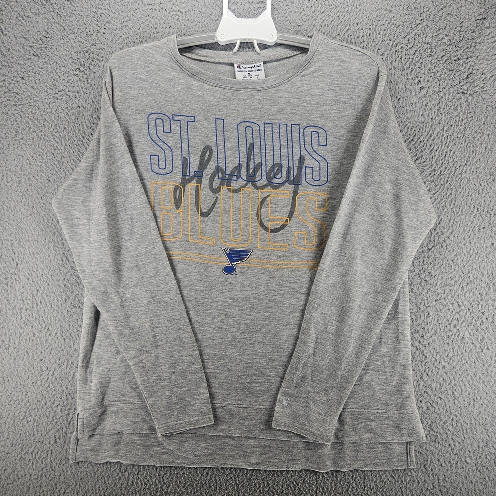 Champion St Louis Hockey Blues Shirt Mens Medium Gray Long Sleeve Rayon Blend